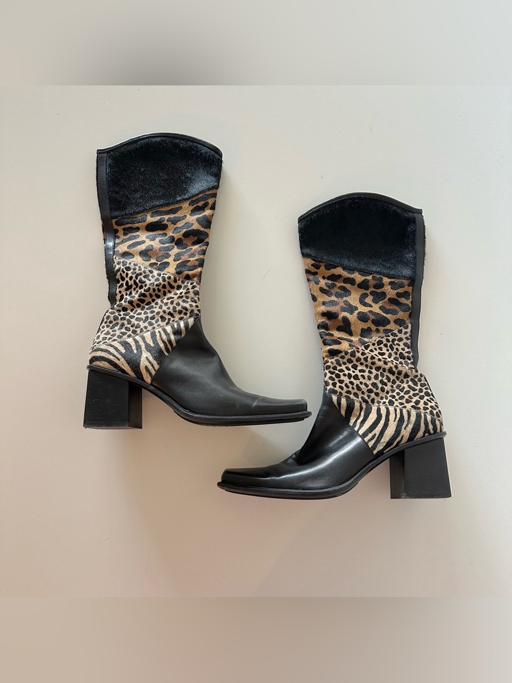 Vintage Y2K Sergio Rossi Patchwork Pony Hair Leather Tall Boots 38.5 Leopard